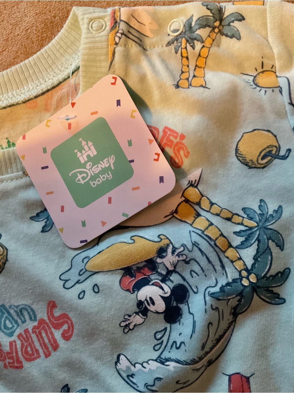 🆒 Disney Baby Short Set Light Mint Green Mickey Mouse Graphic Surf Theme 🆕🩵💛🤍